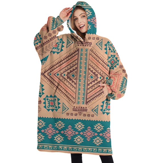Oversized Wearable Blanket Hoodie,Multicolor Geometric Boho Pattern Sherpa Blanket Hoodie with Super Pockets,Super Warm Fuzzy Pullover for Women & Men