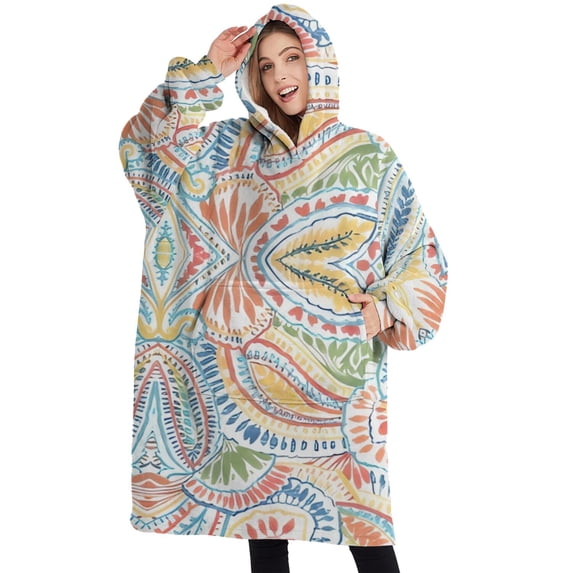 Oversized Wearable Blanket Hoodie,Multicolor Paisley Pattern Sherpa Blanket Hoodie with Super Pockets,Super Warm Fuzzy Pullover for Women & Men