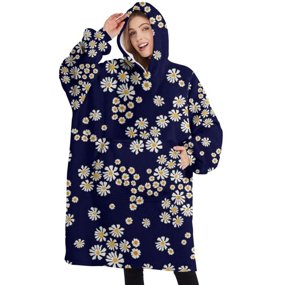 Oversized Wearable Blanket Hoodie,Navy Daisy Flower Pattern Sherpa Blanket Hoodie with Super Pockets,Super Warm Fuzzy Pullover for Women & Men