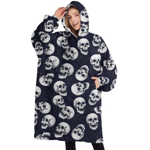 Oversized Wearable Blanket Hoodie,Navy Skull Pattern Sherpa Blanket Hoodie with Super Pockets,Super Warm Fuzzy Pullover for Women & Men