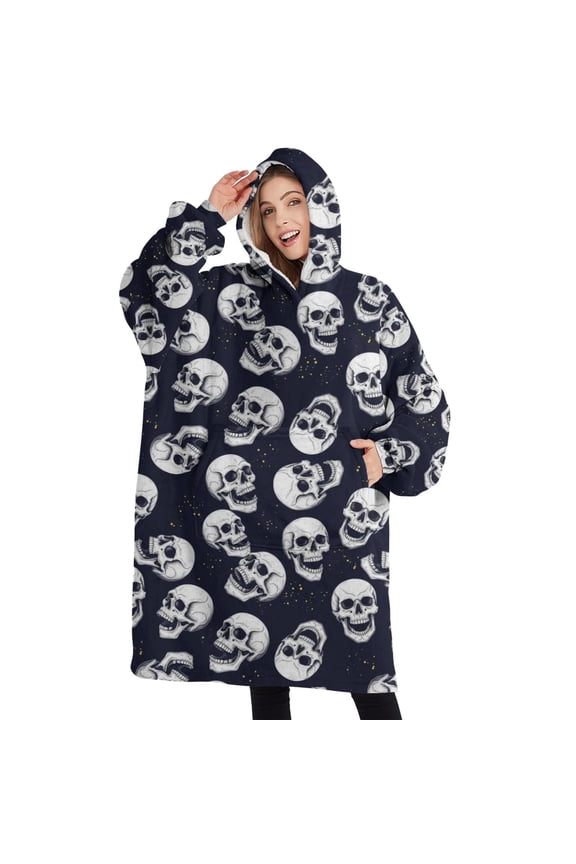 Oversized Wearable Blanket Hoodie,Navy Skull Pattern Sherpa Blanket Hoodie with Super Pockets,Super Warm Fuzzy Pullover for Women & Men