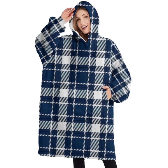 Oversized Wearable Blanket Hoodie,Navy White Plaid Checkered Pattern Sherpa Blanket Hoodie with Super Pockets,Super Warm Fuzzy Pullover for Women & Men