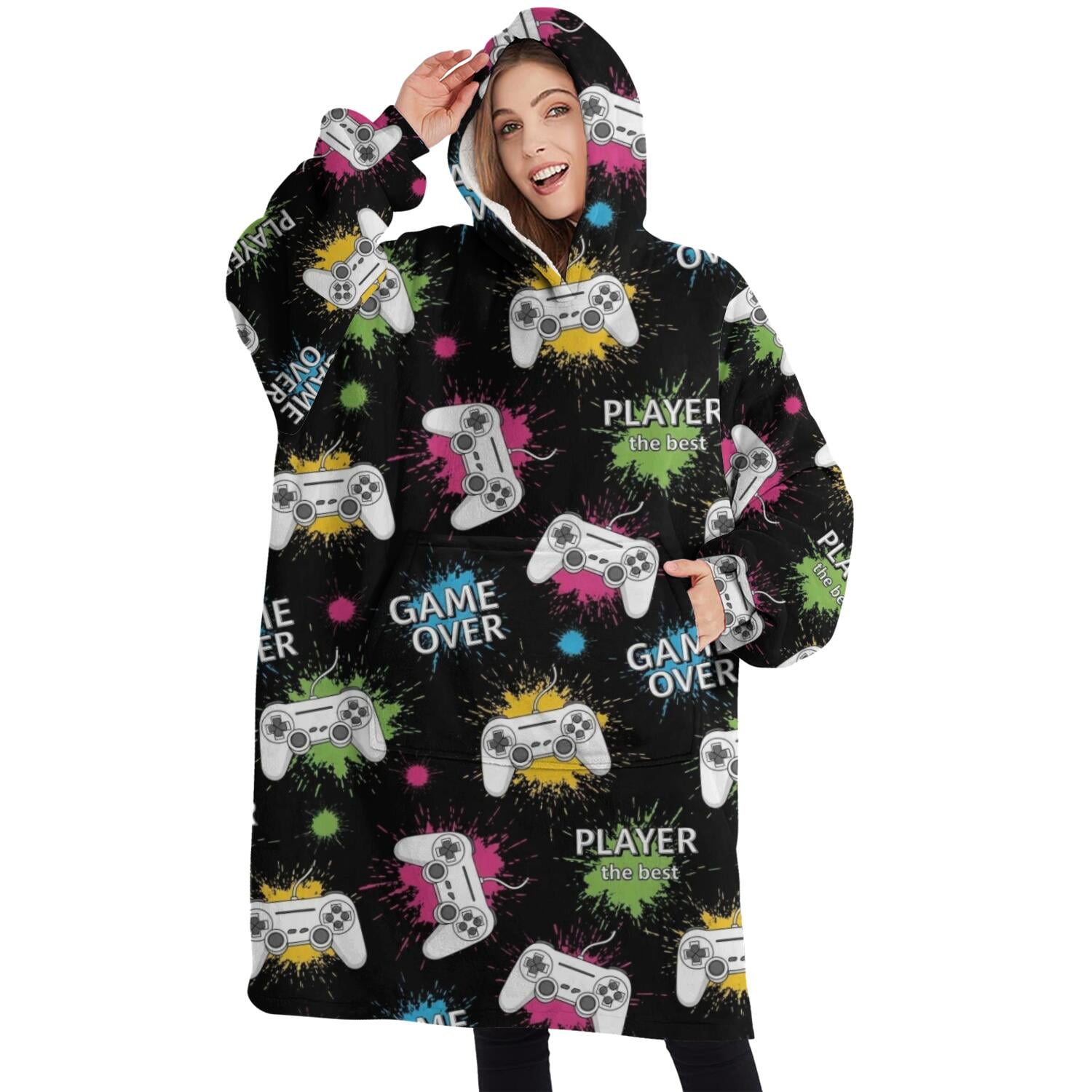 Oversized Wearable Blanket Hoodie,Neon Controllers Games Icons Black Pattern Sherpa Blanket Hoodie with Super Pockets,Super Warm Fuzzy Pullover for Women & Men