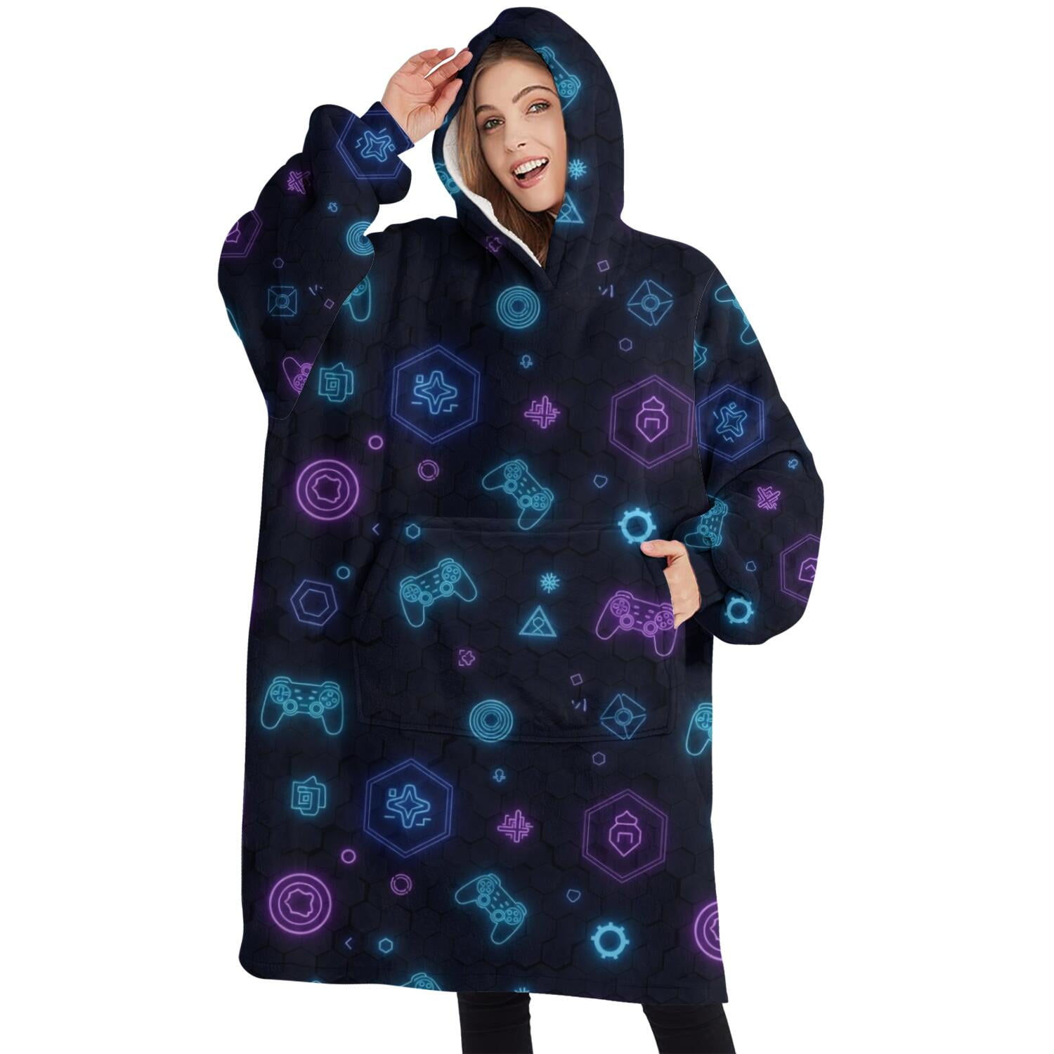 Oversized Wearable Blanket Hoodie,Neon Controllers Games Icons Black Pattern Sherpa Blanket Hoodie with Super Pockets,Super Warm Fuzzy Pullover for Women & Men