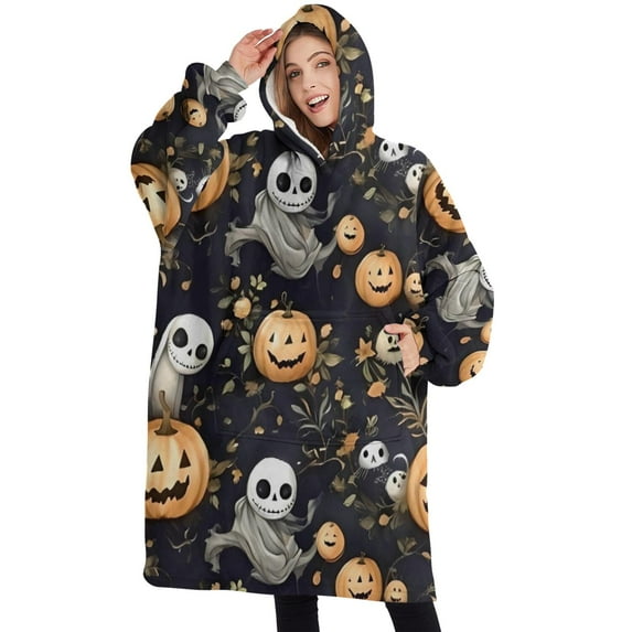 Oversized Wearable Blanket Hoodie,Nightmare Before Christmas Halloween Pattern Sherpa Blanket Hoodie with Super Pockets,Super Warm Fuzzy Pullover for Women & Men