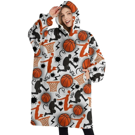Oversized Wearable Blanket Hoodie,Orange Basketball Players Pattern Sherpa Blanket Hoodie with Super Pockets,Super Warm Fuzzy Pullover for Women & Men