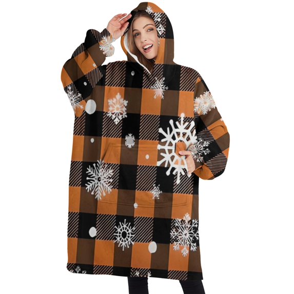 Oversized Wearable Blanket Hoodie,Orange and Black Plaid Christmas Snowflake Pattern Sherpa Blanket Hoodie with Super Pockets,Super Warm Fuzzy Pullover for Women & Men