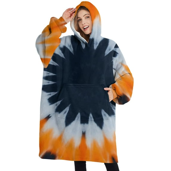 Oversized Wearable Blanket Hoodie,Orange Black White Tie Dye Mandala Pattern Sherpa Blanket Hoodie with Super Pockets,Super Warm Fuzzy Pullover for Women & Men