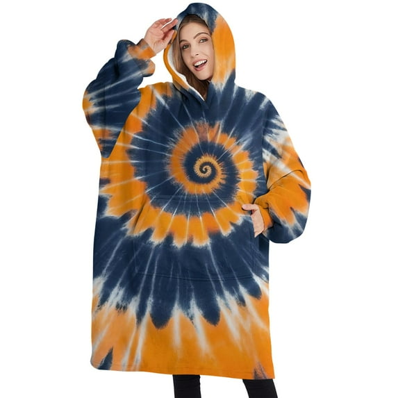 Oversized Wearable Blanket Hoodie,Orange Blue Tie Dye Mandala Pattern Sherpa Blanket Hoodie with Super Pockets,Super Warm Fuzzy Pullover for Women & Men