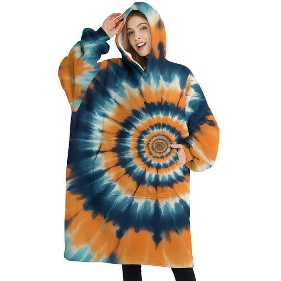 Oversized Wearable Blanket Hoodie,Orange Blue Tie Dye Spiral Pattern Sherpa Blanket Hoodie with Super Pockets,Super Warm Fuzzy Pullover for Women & Men