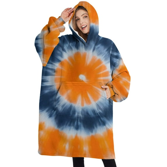 Oversized Wearable Blanket Hoodie,Orange Blue White Tie Dye Mandala Pattern Sherpa Blanket Hoodie with Super Pockets,Super Warm Fuzzy Pullover for Women & Men