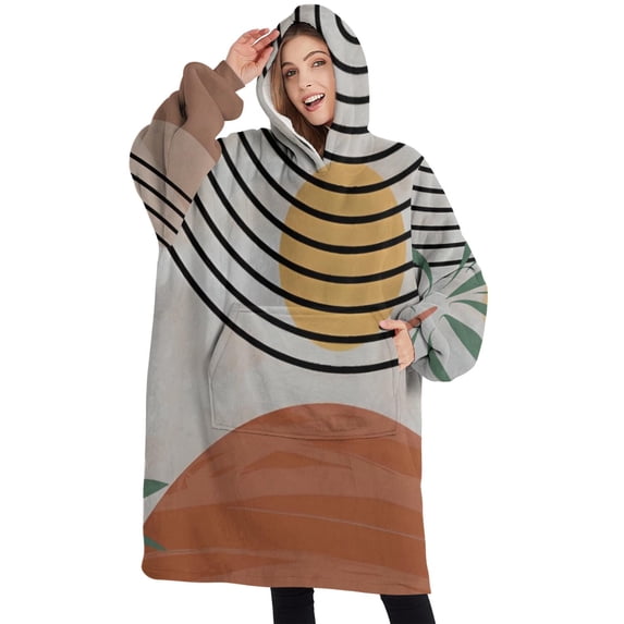 Oversized Wearable Blanket Hoodie,Orange Boho Geometric and Plant Pattern (2) Sherpa Blanket Hoodie with Super Pockets,Super Warm Fuzzy Pullover for Women & Men