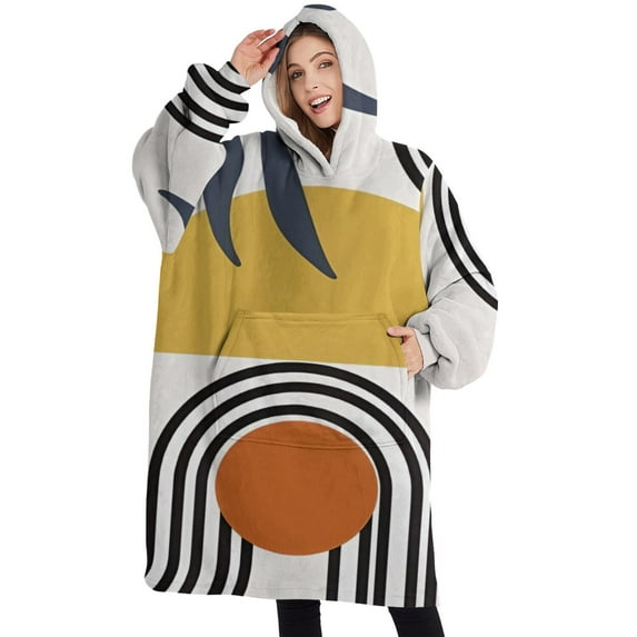 Oversized Wearable Blanket Hoodie,Orange Boho Geometric and Plant Pattern Sherpa Blanket Hoodie with Super Pockets,Super Warm Fuzzy Pullover for Women & Men