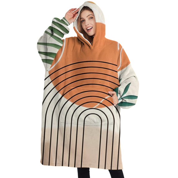 Oversized Wearable Blanket Hoodie,Orange Boho Geometric and Plant Pattern Sherpa Blanket Hoodie with Super Pockets,Super Warm Fuzzy Pullover for Women & Men