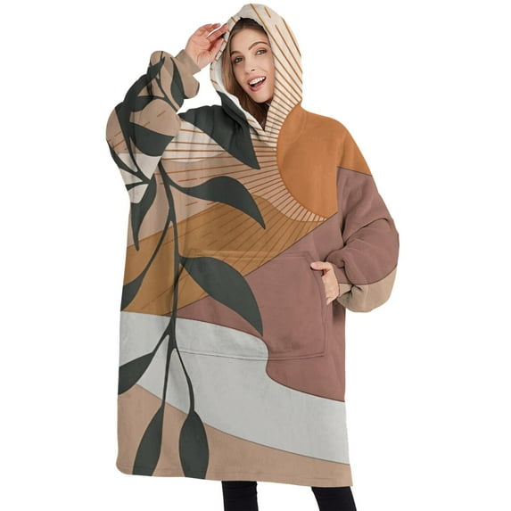 Oversized Wearable Blanket Hoodie,Orange Boho Sun, Mountain and Plant Pattern Sherpa Blanket Hoodie with Super Pockets,Super Warm Fuzzy Pullover for Women & Men