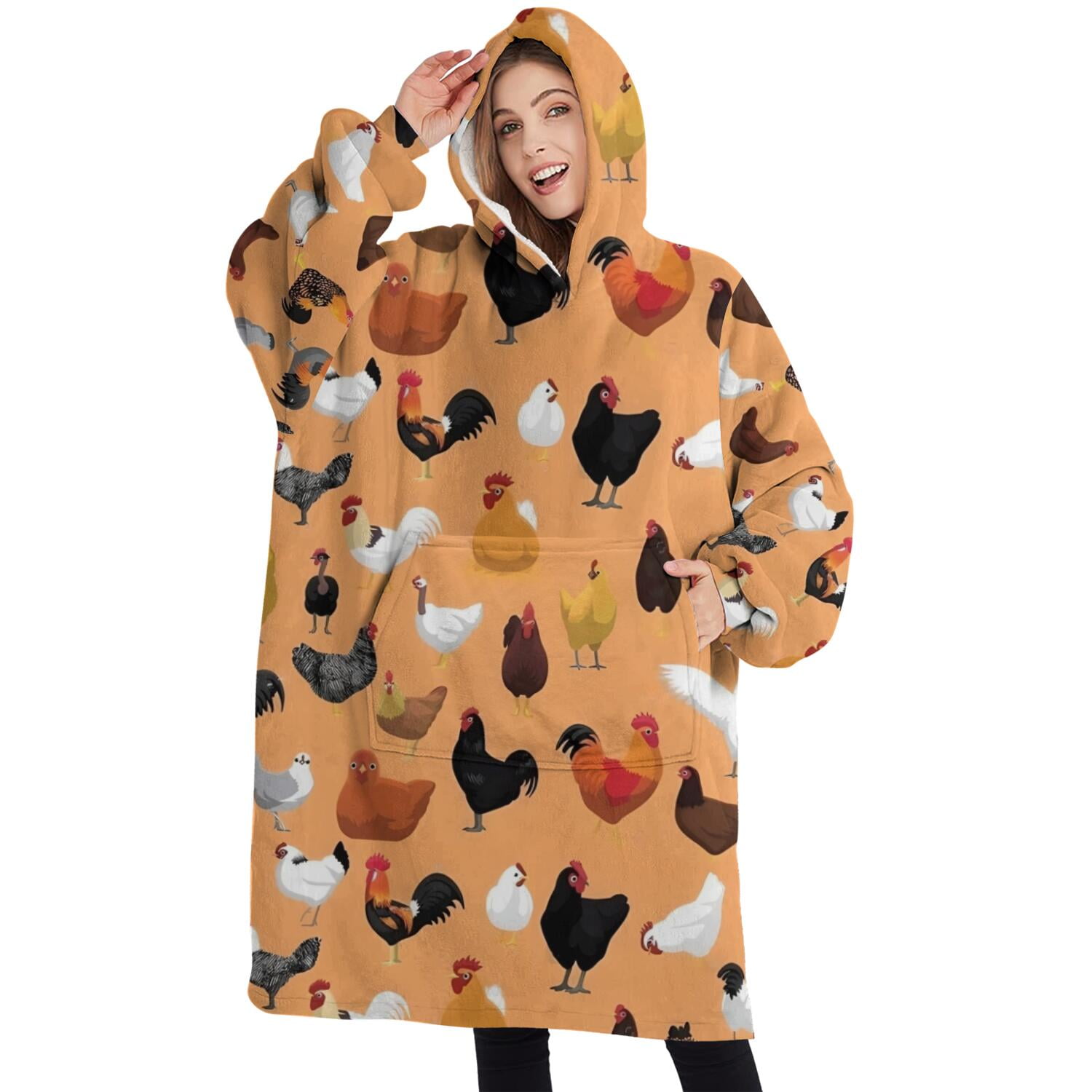 Oversized Wearable Blanket Hoodie,Orange Chicken Breed Pattern Sherpa Blanket Hoodie with Super Pockets,Super Warm Fuzzy Pullover for Women & Men