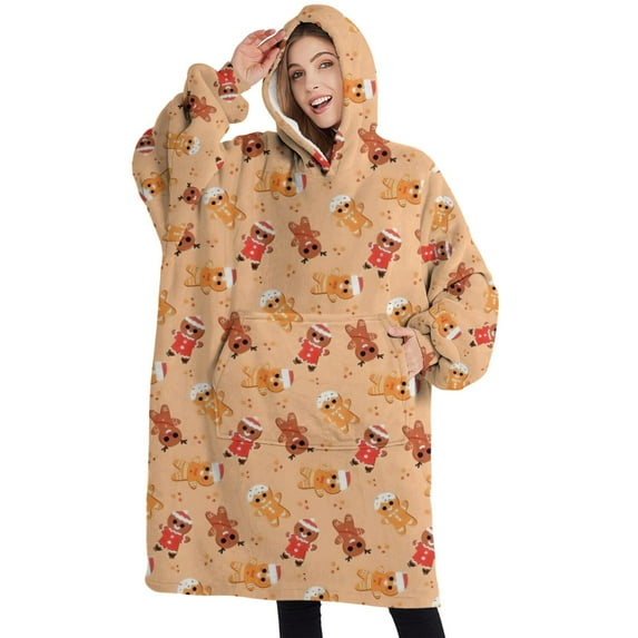 Oversized Wearable Blanket Hoodie,Orange Christmas Gingerbread Man Pattern Sherpa Blanket Hoodie with Super Pockets,Super Warm Fuzzy Pullover for Women & Men
