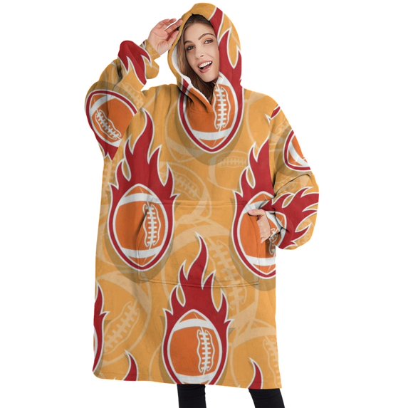 Oversized Wearable Blanket Hoodie,Orange Flaming Footballs Pattern Sherpa Blanket Hoodie with Super Pockets,Super Warm Fuzzy Pullover for Women & Men