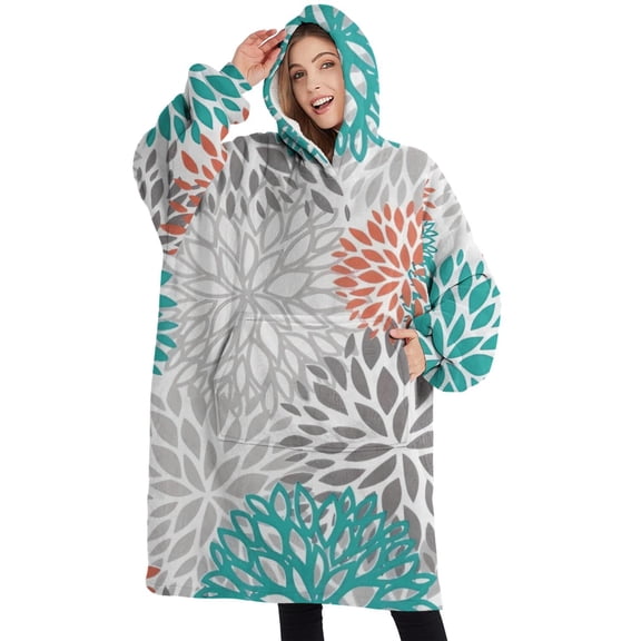 Oversized Wearable Blanket Hoodie,Orange Floral and Petal Pattern Sherpa Blanket Hoodie with Super Pockets,Super Warm Fuzzy Pullover for Women & Men