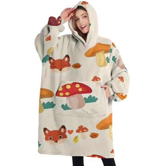 Oversized Wearable Blanket Hoodie,Orange Mushroom Fox Light Pattern Sherpa Blanket Hoodie with Super Pockets,Super Warm Fuzzy Pullover for Women & Men