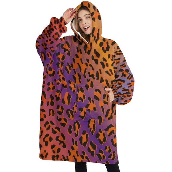 Oversized Wearable Blanket Hoodie,Orange and Purple Of Leopard Print Sherpa Blanket Hoodie with Super Pockets,Super Warm Fuzzy Pullover for Women & Men