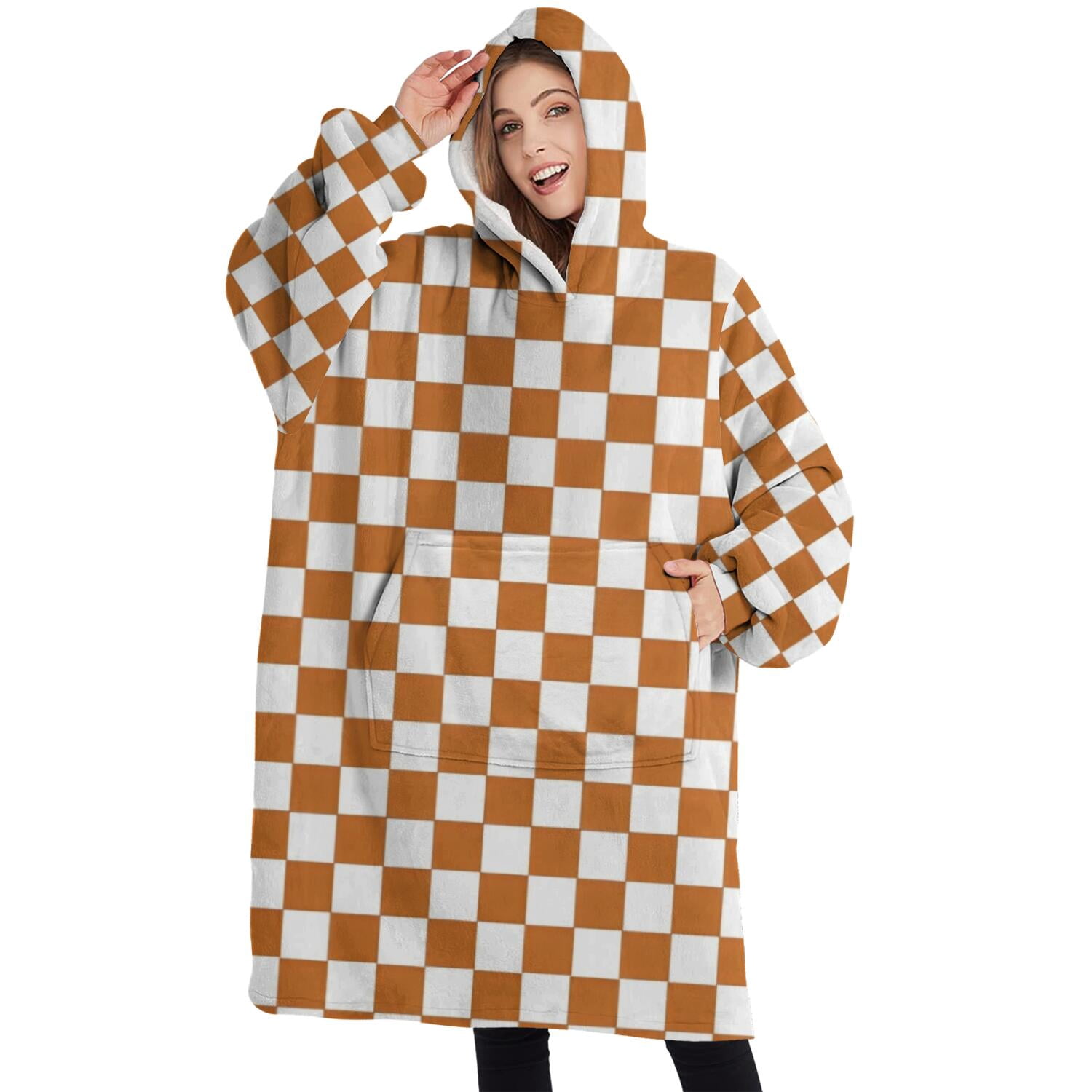 Oversized Wearable Blanket Hoodie,Orange and White Checkerboard Pattern Sherpa Blanket Hoodie with Super Pockets,Super Warm Fuzzy Pullover for Women & Men