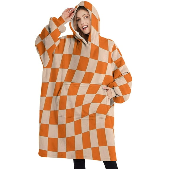 Oversized Wearable Blanket Hoodie,Orange and White Wavy Checkerboard Pattern Sherpa Blanket Hoodie with Super Pockets,Super Warm Fuzzy Pullover for Women & Men