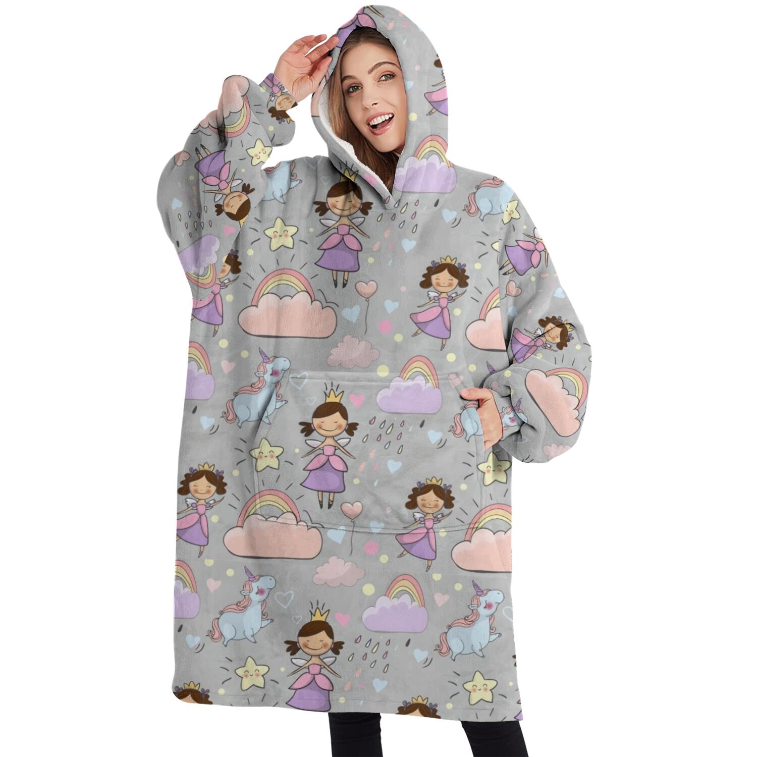 Oversized Wearable Blanket Hoodie,Pastel Princess Unicorn Pattern Sherpa Blanket Hoodie with Super Pockets,Super Warm Fuzzy Pullover for Women & Men