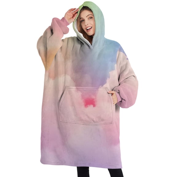 Oversized Wearable Blanket Hoodie,Pastel Rainbow Clouds Sherpa Blanket Hoodie with Super Pockets,Super Warm Fuzzy Pullover for Women & Men