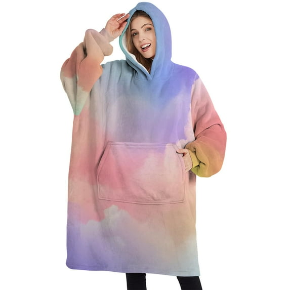 Oversized Wearable Blanket Hoodie,Pastel Rainbow Clouds Sherpa Blanket Hoodie with Super Pockets,Super Warm Fuzzy Pullover for Women & Men