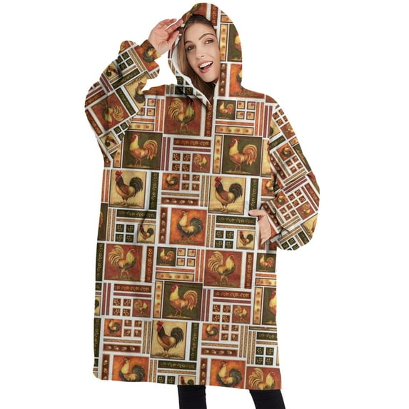Oversized Wearable Blanket Hoodie,Patchwork Chicken Pattern Sherpa Blanket Hoodie with Super Pockets,Super Warm Fuzzy Pullover for Women & Men