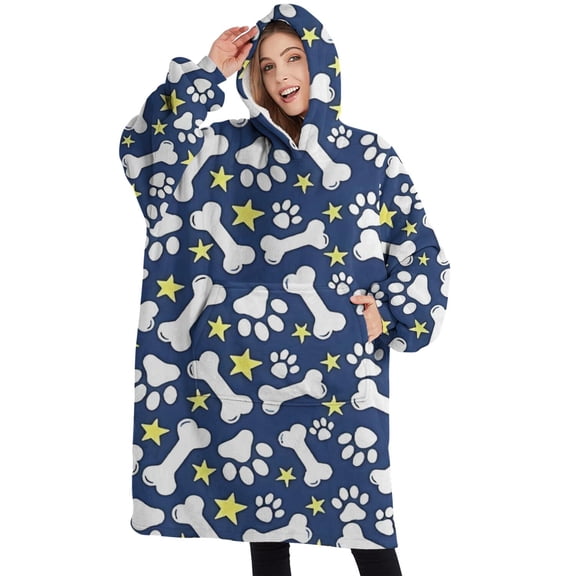Oversized Wearable Blanket Hoodie,Paw Print Dog Bone Sherpa Blanket Hoodie with Super Pockets,Super Warm Fuzzy Pullover for Women & Men