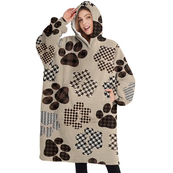 Oversized Wearable Blanket Hoodie,Paw Print Sherpa Blanket Hoodie with Super Pockets,Super Warm Fuzzy Pullover for Women & Men