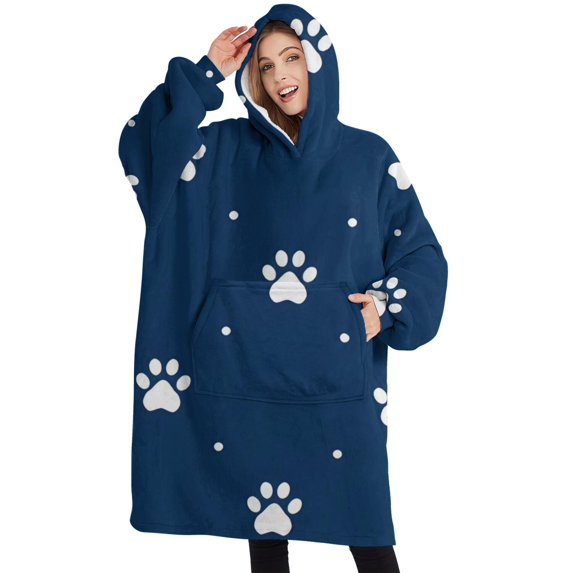 Oversized Wearable Blanket Hoodie,Paw Print Sherpa Blanket Hoodie with Super Pockets,Super Warm Fuzzy Pullover for Women & Men