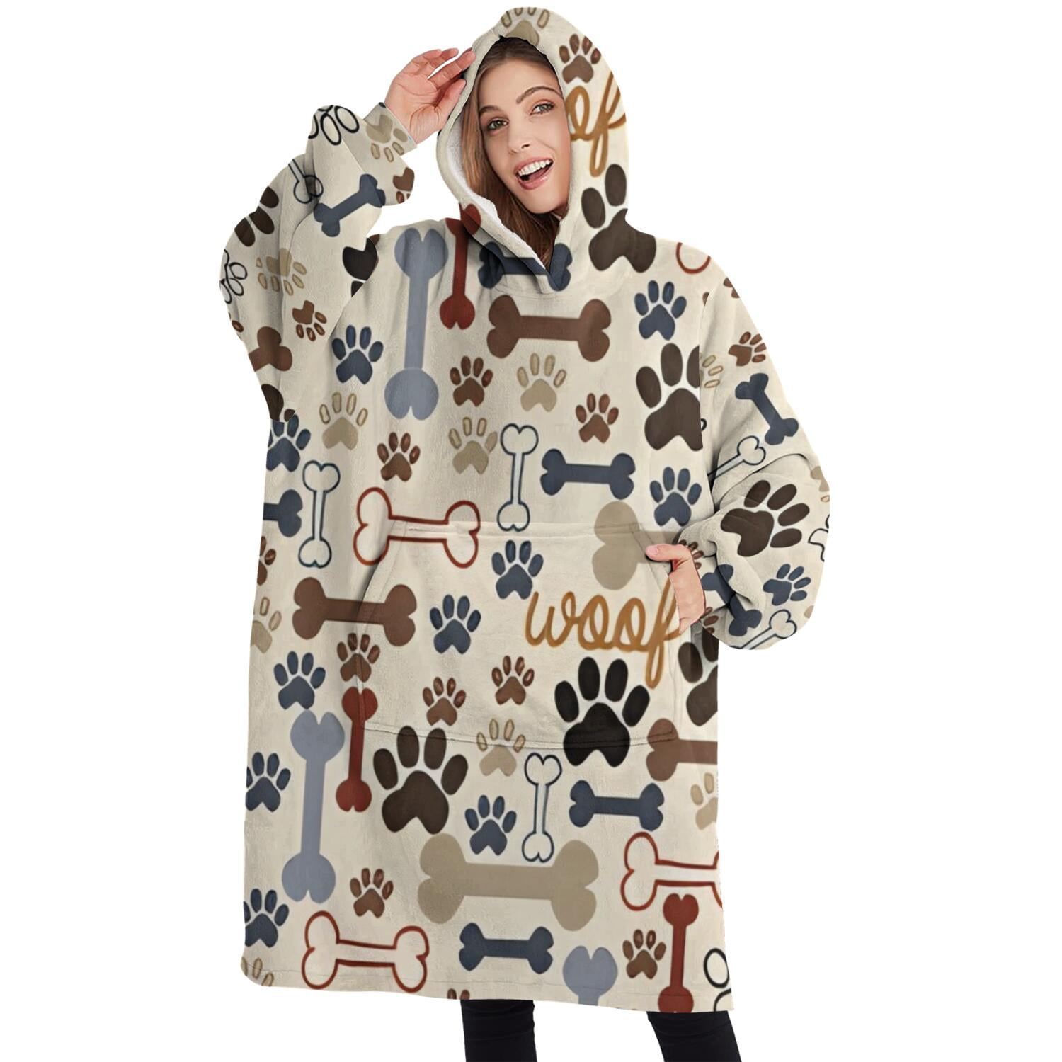 Oversized Wearable Blanket Hoodie,Paw Prints and Bones Sherpa Blanket Hoodie with Super Pockets,Super Warm Fuzzy Pullover for Women & Men