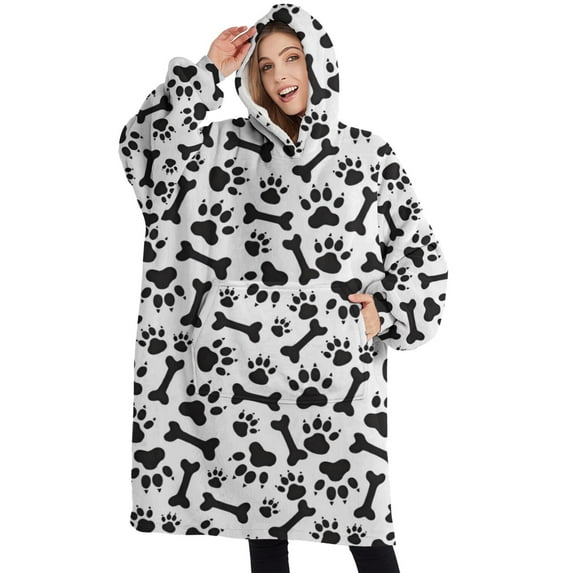 Oversized Wearable Blanket Hoodie,Paw Prints and Bones Sherpa Blanket Hoodie with Super Pockets,Super Warm Fuzzy Pullover for Women & Men
