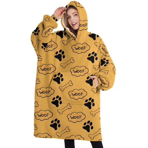 Oversized Wearable Blanket Hoodie,Paw Prints and Bones Sherpa Blanket Hoodie with Super Pockets,Super Warm Fuzzy Pullover for Women & Men