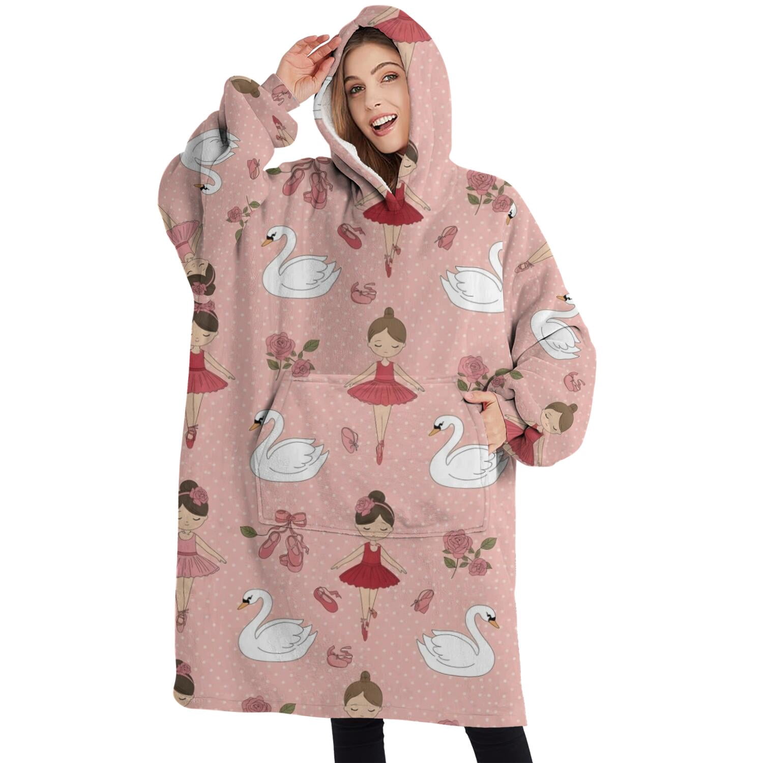 Oversized Wearable Blanket Hoodie,Pink Ballerina Swan Pattern Sherpa Blanket Hoodie with Super Pockets,Super Warm Fuzzy Pullover for Women & Men