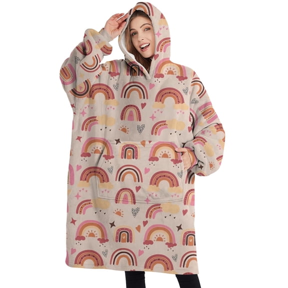 Oversized Wearable Blanket Hoodie,Pink Boho Bohemia Rainbows Hearts Stars Pattern Sherpa Blanket Hoodie with Super Pockets,Super Warm Fuzzy Pullover for Women & Men