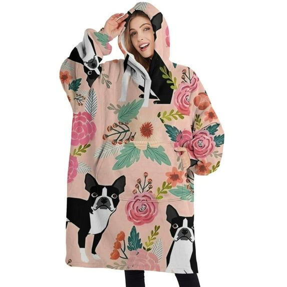 Oversized Wearable Blanket Hoodie,Pink Boston Terrier and Flower Sherpa Blanket Hoodie with Super Pockets,Super Warm Fuzzy Pullover for Women & Men