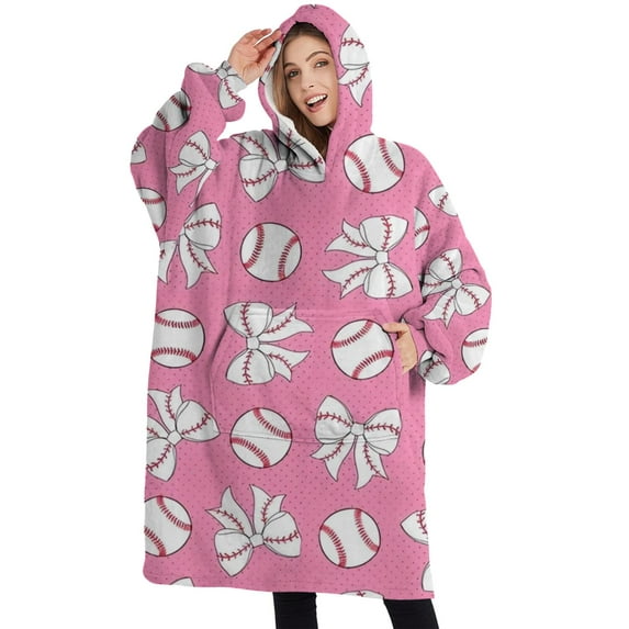 Oversized Wearable Blanket Hoodie,Pink Bows and Baseballs Pattern Sherpa Blanket Hoodie with Super Pockets,Super Warm Fuzzy Pullover for Women & Men