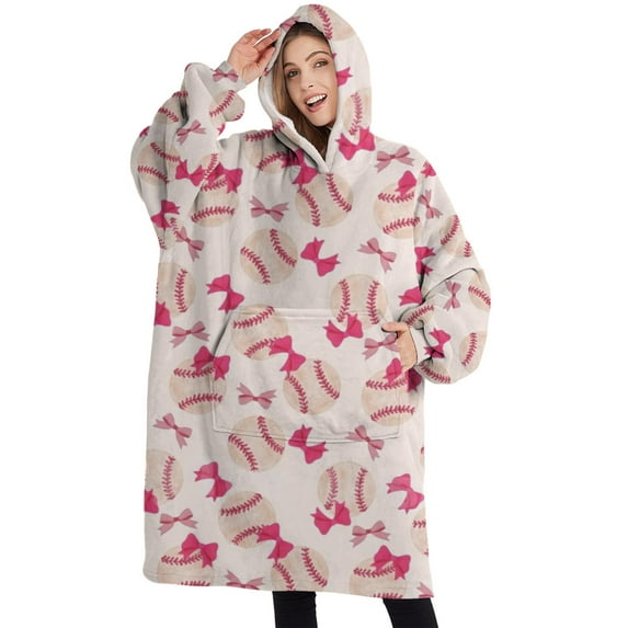 Oversized Wearable Blanket Hoodie,Pink Bows and Baseballs Pattern Sherpa Blanket Hoodie with Super Pockets,Super Warm Fuzzy Pullover for Women & Men