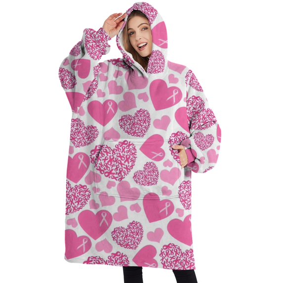 Oversized Wearable Blanket Hoodie,Pink Breast Cancer and Love Sherpa Blanket Hoodie with Super Pockets,Super Warm Fuzzy Pullover for Women & Men