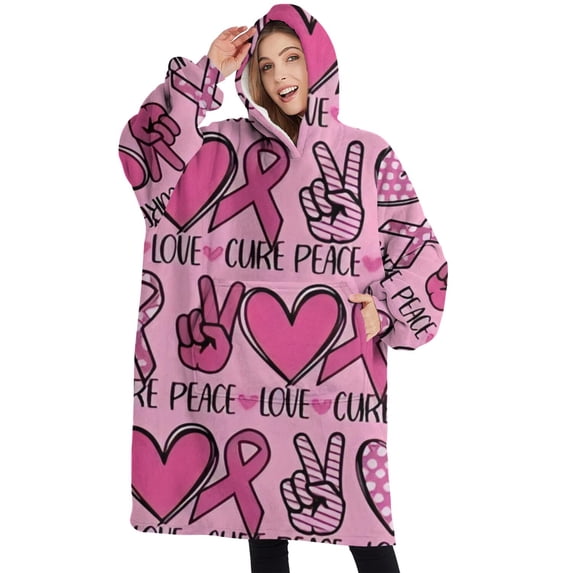 Oversized Wearable Blanket Hoodie,Pink Breast Cancer and Love Sherpa Blanket Hoodie with Super Pockets,Super Warm Fuzzy Pullover for Women & Men