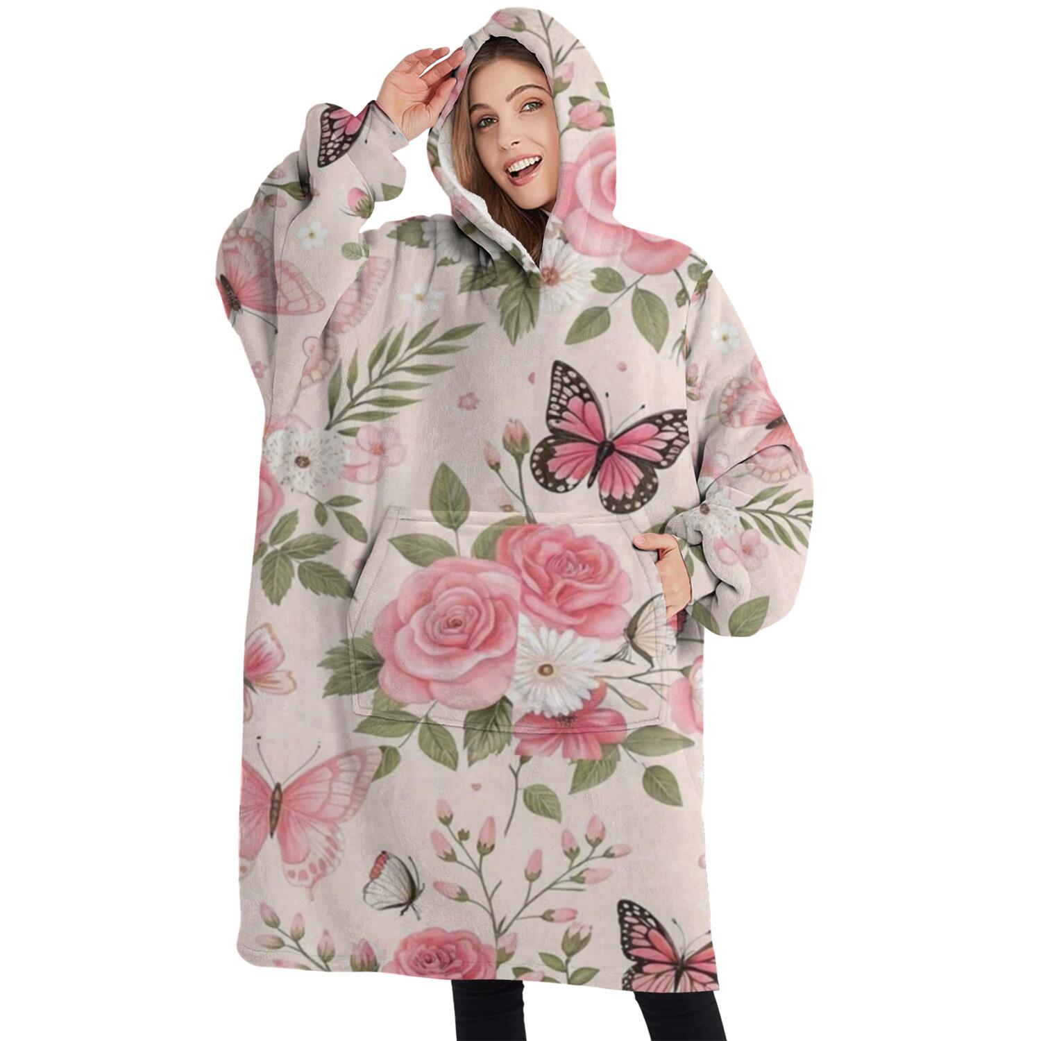 Oversized Wearable Blanket Hoodie,Pink Butterfly Floral Bow White Pattern Sherpa Blanket Hoodie with Super Pockets,Super Warm Fuzzy Pullover for Women & Men
