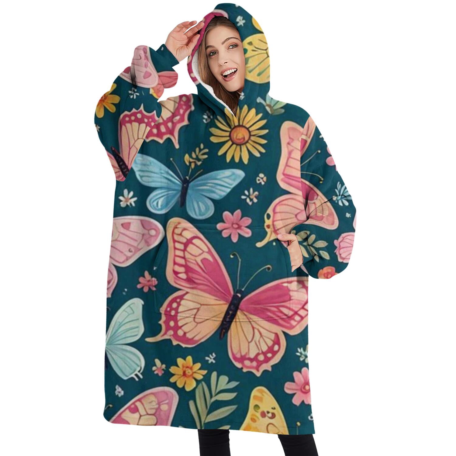 Oversized Wearable Blanket Hoodie,Pink Butterfly Rose Daisy Green Pattern Sherpa Blanket Hoodie with Super Pockets,Super Warm Fuzzy Pullover for Women & Men