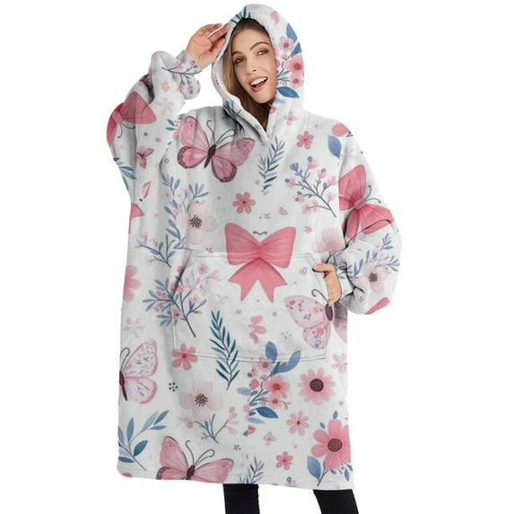 Oversized Wearable Blanket Hoodie,Pink Butterfly Star Floral Peach Pattern Sherpa Blanket Hoodie with Super Pockets,Super Warm Fuzzy Pullover for Women & Men