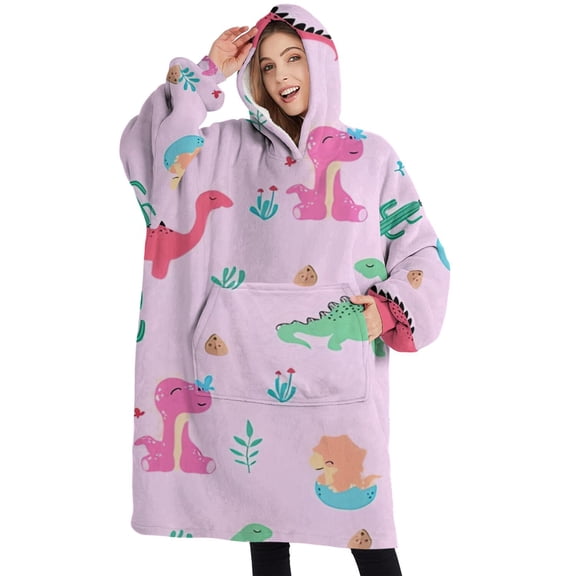 Oversized Wearable Blanket Hoodie,Pink Cartoon Dinosaurs Cacti Pattern Sherpa Blanket Hoodie with Super Pockets,Super Warm Fuzzy Pullover for Women & Men