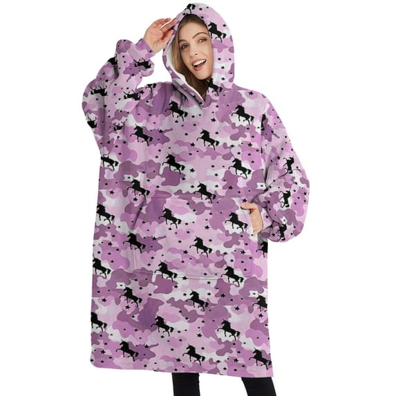 Oversized Wearable Blanket Hoodie,Pink Cartoon Horse Star Pattern Sherpa Blanket Hoodie with Super Pockets,Super Warm Fuzzy Pullover for Women & Men