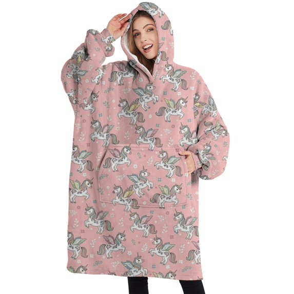 Oversized Wearable Blanket Hoodie,Pink Cartoon Winged Unicorn Floral Pattern Sherpa Blanket Hoodie with Super Pockets,Super Warm Fuzzy Pullover for Women & Men